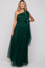 Forest Green One Shoulder Pleated Mesh Maternity Gown