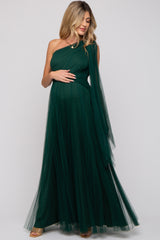 Forest Green One Shoulder Pleated Mesh Maternity Gown