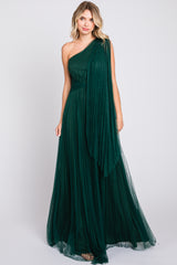 Forest Green One Shoulder Pleated Mesh Gown