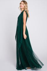 Forest Green One Shoulder Pleated Mesh Gown