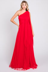 Red One Shoulder Pleated Mesh Maternity Gown