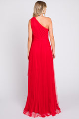 Red One Shoulder Pleated Mesh Gown