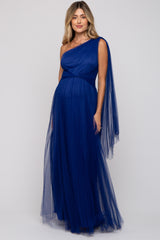 Royal Blue One Shoulder Pleated Mesh Maternity Gown