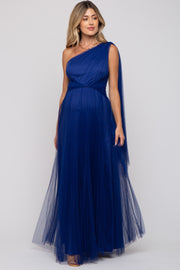 Royal Blue One Shoulder Pleated Mesh Maternity Gown