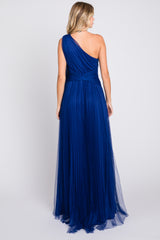 Royal Blue One Shoulder Pleated Mesh Gown