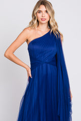 Royal Blue One Shoulder Pleated Mesh Gown