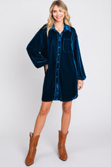 Teal Velour Button Up Long Sleeve Maternity Dress