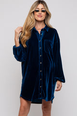 Teal Velour Button Up Long Sleeve Maternity Dress