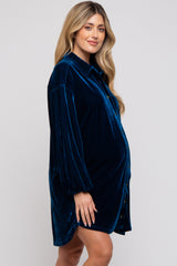 Teal Velour Button Up Long Sleeve Maternity Dress