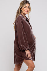 Mocha Velour Button Up Long Sleeve Maternity Dress