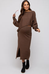 Brown Knit Long Sleeve Crop Top Maternity Midi Skirt Set