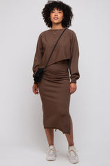 Brown Knit Long Sleeve Crop Top Maternity Midi Skirt Set