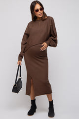 Brown Knit Long Sleeve Crop Top Maternity Midi Skirt Set