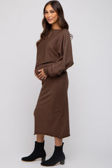 Brown Knit Long Sleeve Crop Top Maternity Midi Skirt Set