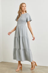 Blue Grey Textured Woven Tiered Midi Dress