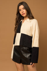 Cream-Black Check Color Block Zip-Up Knit Jacket