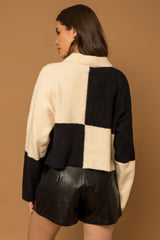 Cream-Black Check Color Block Zip-Up Knit Jacket