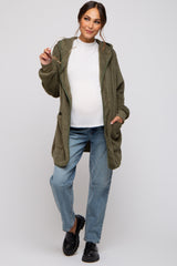 Olive Fuzzy Knit Hooded Maternity Jacket