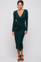 Forest Green Ribbed Long Sleeve Wrap Dress