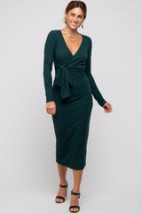 Forest Green Ribbed Long Sleeve Wrap Dress