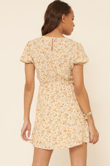 Vanilla Floral Round Neck Button Keyhole Back Mini Dress