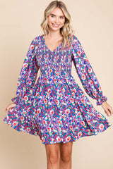 Royal Blue Floral Smocked V-Neck Dress