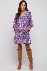 Royal Blue Floral Smocked V-Neck Maternity Dress