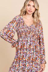 Brown Floral Smocked V-Neck Dress