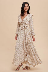 Cream Floral Ruffle V-Neck Wrap Front Maxi Dress