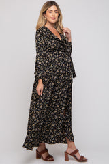 Black Floral Ruffle V-Neck Wrap Front Maternity Maxi Dress