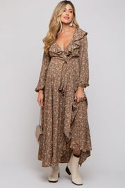 Mocha Floral Ruffle V-Neck Wrap Front Maternity Maxi Dress