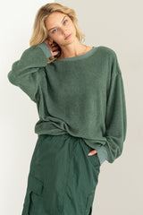 Green Oversized Brushed Knit Long Sleeve Top