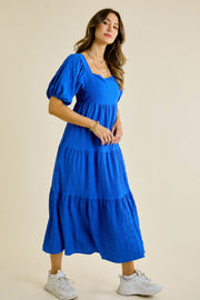 Blue Square Neck Puffy Maxi Dress