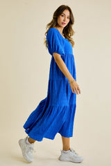 Blue Square Neck Puffy Maxi Dress