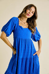 Blue Square Neck Puffy Maxi Dress