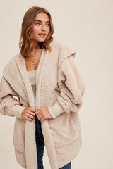 Cream Fuzzy Hooded Long Sleeve Jacket