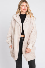 Cream Fuzzy Hooded Long Sleeve Jacket