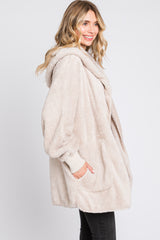 Cream Fuzzy Hooded Long Sleeve Jacket