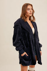 Navy Fuzzy Hooded Long Sleeve Jacket