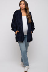 Navy Fuzzy Hooded Long Sleeve Maternity Jacket