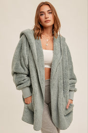 Mint Green Fuzzy Hooded Long Sleeve Jacket