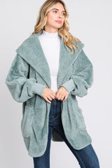 Mint Green Fuzzy Hooded Long Sleeve Jacket