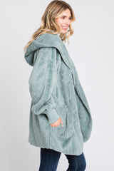 Mint Green Fuzzy Hooded Long Sleeve Jacket