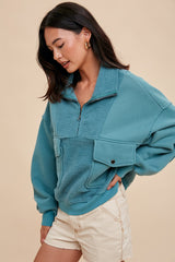 Teal Contrast Reversed Fleece 1/4 Zip Pullover