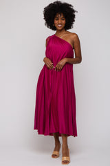 Magenta Satin Pleated One Shoulder Midi Dress