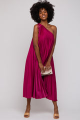 Magenta Satin Pleated One Shoulder Midi Dress