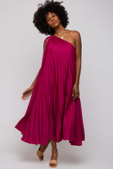 Magenta Satin Pleated One Shoulder Midi Dress