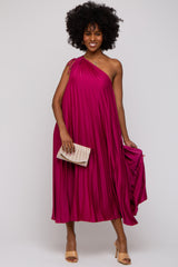 Magenta Satin Pleated One Shoulder Midi Dress