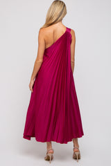 Magenta Satin Pleated One Shoulder Maternity Midi Dress