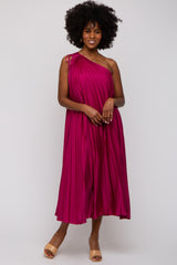 Magenta Satin Pleated One Shoulder Midi Dress